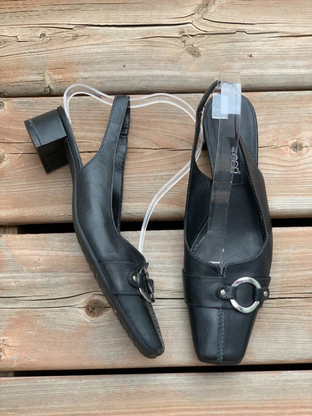 Ecco Slingback Pump EU38 US7 Black Leather Low Block Heel Comfort Slip On Shoes